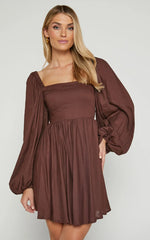 Alessandra Mini Dress - Linen Puff Sleeves Dress in Chocolate