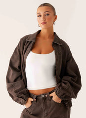 Midwest Washed Denim Bomber Jacket - Light Wash Chocolate