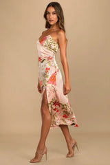 Remarkable Entrance Pink Floral Print Satin Midi Dress