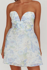 Gem Deep Sweetheart Neckline Mini Dress Floral Blue