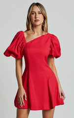 Harlow Mini Dress - Asymmetric Puff Sleeve Flare Dress in Red