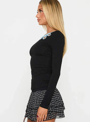 Double Back Floral Cut Out Long Sleeve Top Black