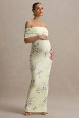 Cindy | Lemon Floral Bouquet Print Bardot-Neck Maternity Maxi Dress With Ruched Detail