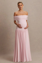 Juliette | Blush Pink Bardot-Neck Maternity Maxi Dress With Drop-Waist