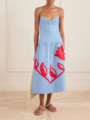 Sky striped embroidered cotton poplin midi dress