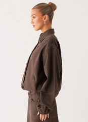 Midwest Washed Denim Bomber Jacket - Light Wash Chocolate