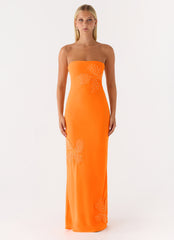 Sassafras Beaded Flower Strapless Maxi Dress - Orange