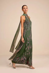 Calixta Green Abstract Chiffon Sash Shift Maxi Dress