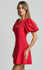Harlow Mini Dress - Asymmetric Puff Sleeve Flare Dress in Red