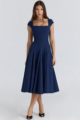 Navy Lace Back Twill Midi Dress