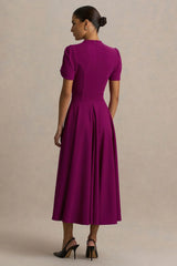 Vicky | Mulberry High Neck Midi Dress With Puff Sleeves