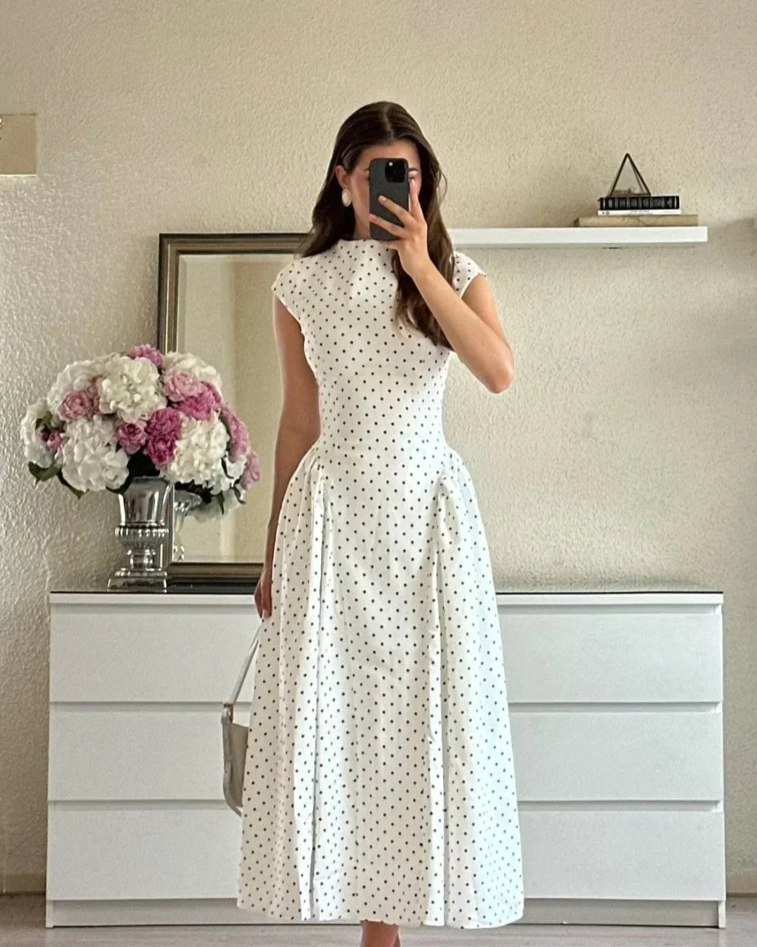 French Vintage Polka Dot Stand Collar Waist-Cinching Flare Maxi Dress | Elegant Commuter Slimming A-Line Dress
