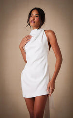 Premium White Woven Tie Halter Neck Dress