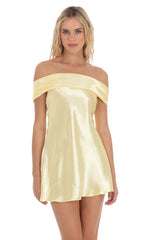 Satin Off Shoulder Dress in Yellow