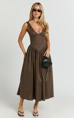Beckett Midi Dress Scoop Neck Drop V Waist Gathered Skirt Dress in Dark Chocolate