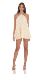 Satin Trim Floral Halter Dress in Ivory