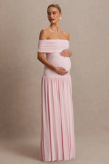 Juliette | Blush Pink Bardot-Neck Maternity Maxi Dress With Drop-Waist