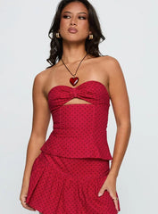 Kandee Twist Linen Blend Top Red Polka