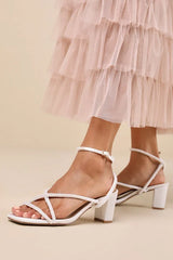 Makenna White Pearl Satin Strappy Ankle Strap Low Heel Sandals