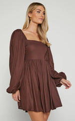 Alessandra Mini Dress - Linen Puff Sleeves Dress in Chocolate
