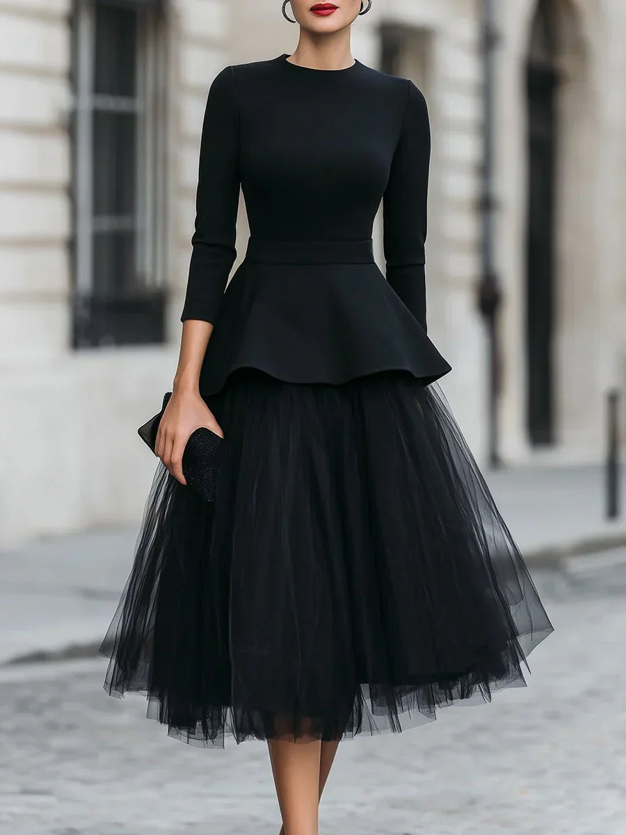 Structured Peplum Top and Layered Midi Skirt Set