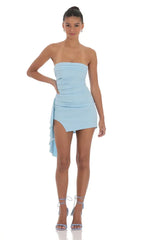 Strapless Ruched Tassel Dress in Blue