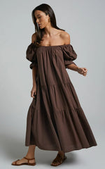 Zaharrah Midi Dress - Tiered Dress in Chocolate Linen Look