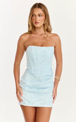 Rachel Mini Dress - Strapless Corset Bodice Draped Skirt Dress in Ice Blue