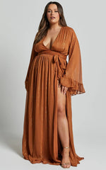 Dangerous Woman Maxi Dress - Plunge Thigh Split Dress in Rust