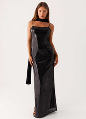 Scarf Neck Sequins Maxi Dress - Black