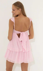 Dotted Chiffon Ruffle Dress In Pink