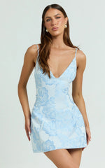 Gianni Mini Dress -  Plunge A Line Low Back Dress in Light Blue