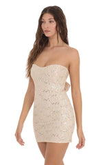 Sequin Lace Strapless Dress in Beige