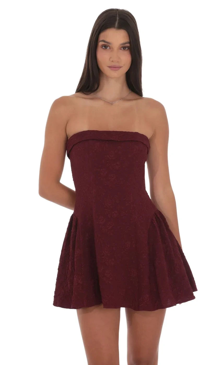 Jacquard Strapless Flare Dress in Burgundy