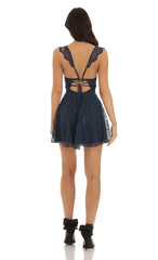 Lace Sequin Fit and Flare Dress in Navy